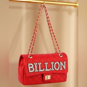 Soulfina NWT Vegan Red Quilted Blingy Billion Chain Strap Handbag Gold Hardware